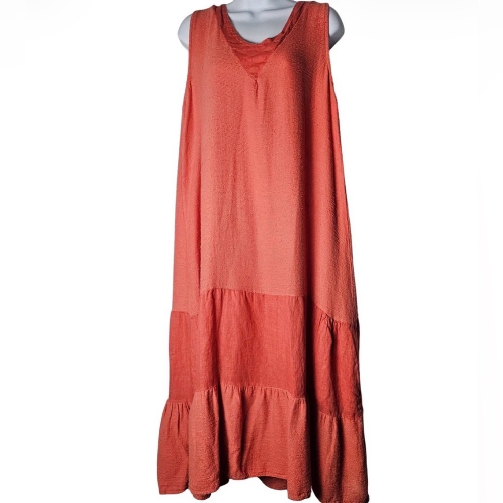 STELLA MARTINI Linen Tiered Maxi Dress Coral V Neck Sleeveless Made in Italy L